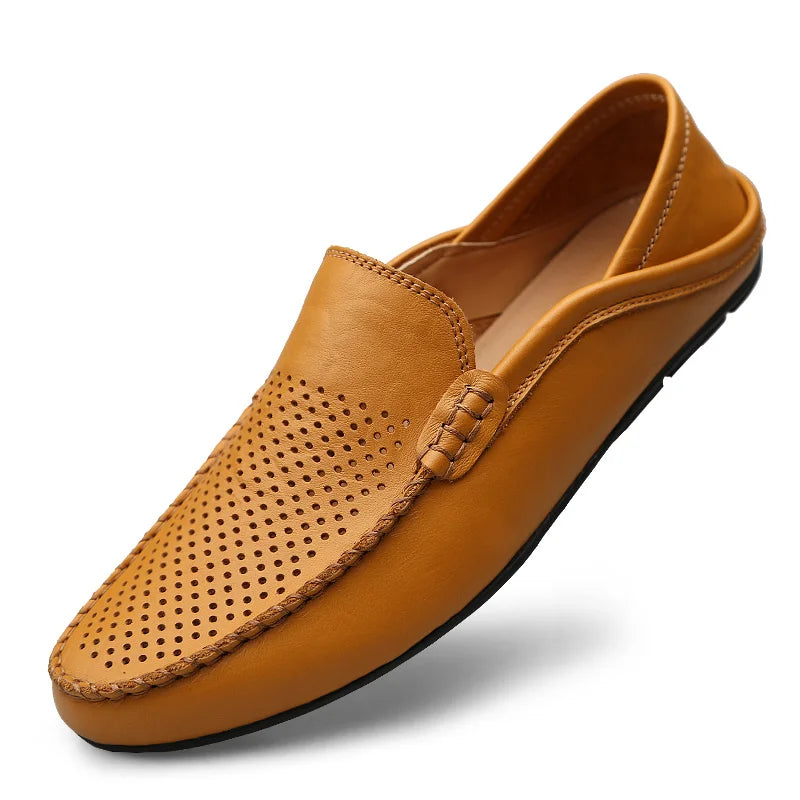 Summer Men Casual Shoes Leather Moccasins Breathable Slip On Boat Shoes Italian Luxury Brand Mens Driving Loafers Size 37 to 47