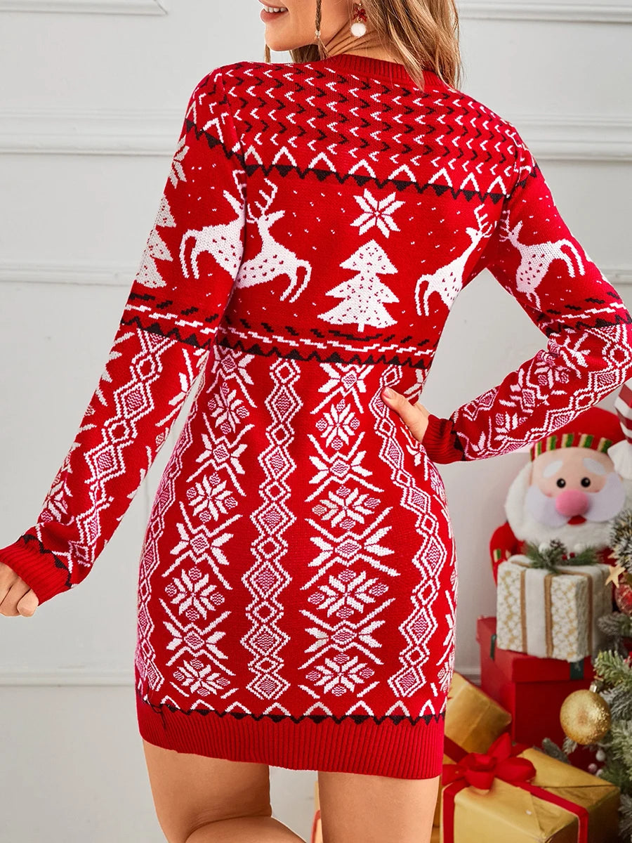 Women Long Sleeve Sweater Dress Christmas Print Knitted Bodycon Party Dress for Beach Club Streetwear