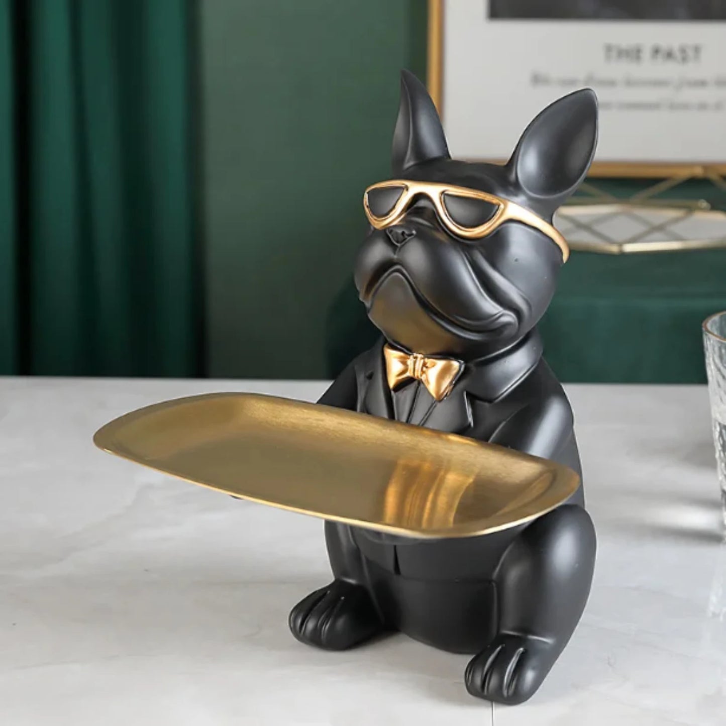 Nordic French Bulldog Sculpture Dog Figurine Statue Key Jewelry Storage Table Decoration Gift With Plate Glasses