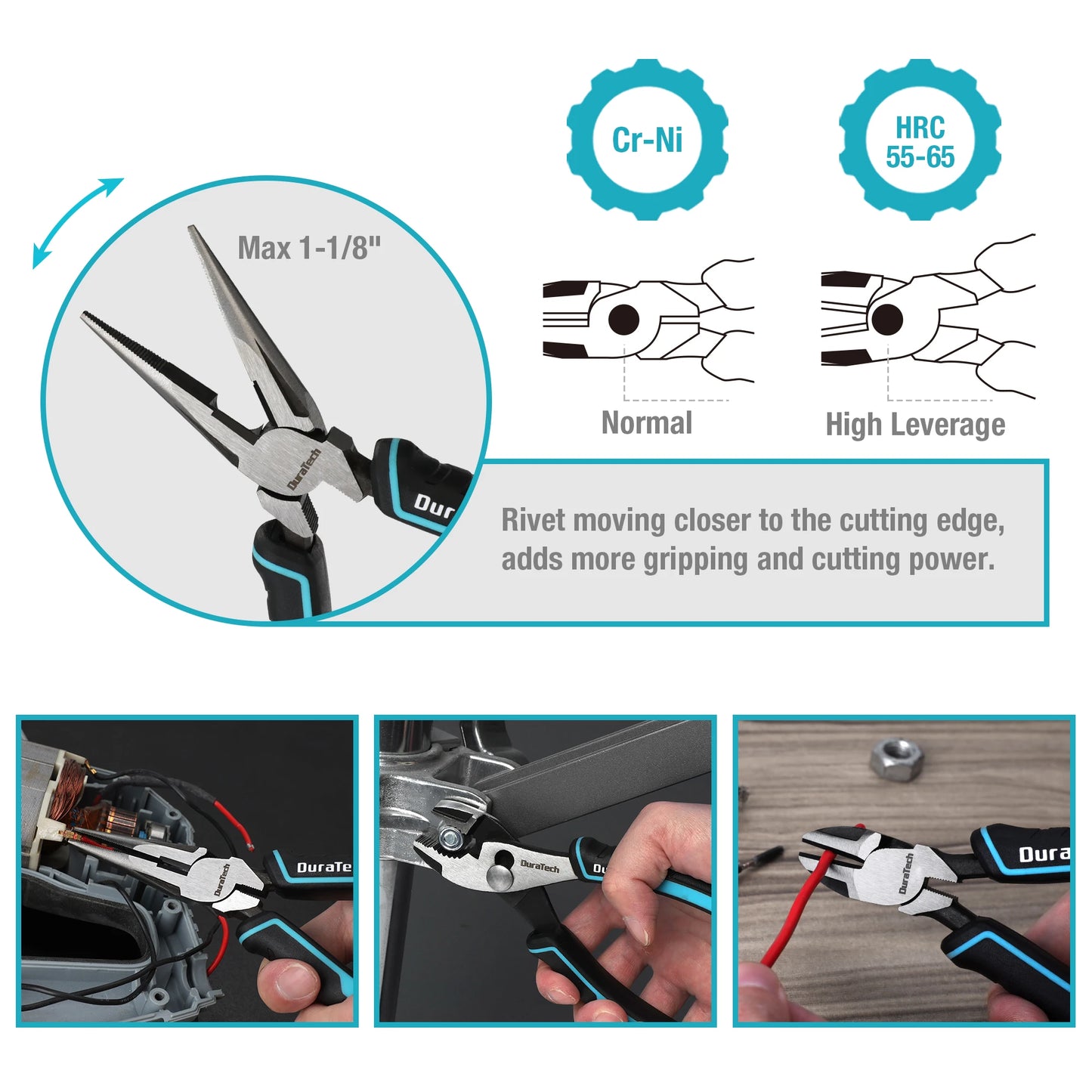 Duratech 4 Piece Pliers Set with Rolling Pouch Premium Cr Ni Construction for Basic Repair