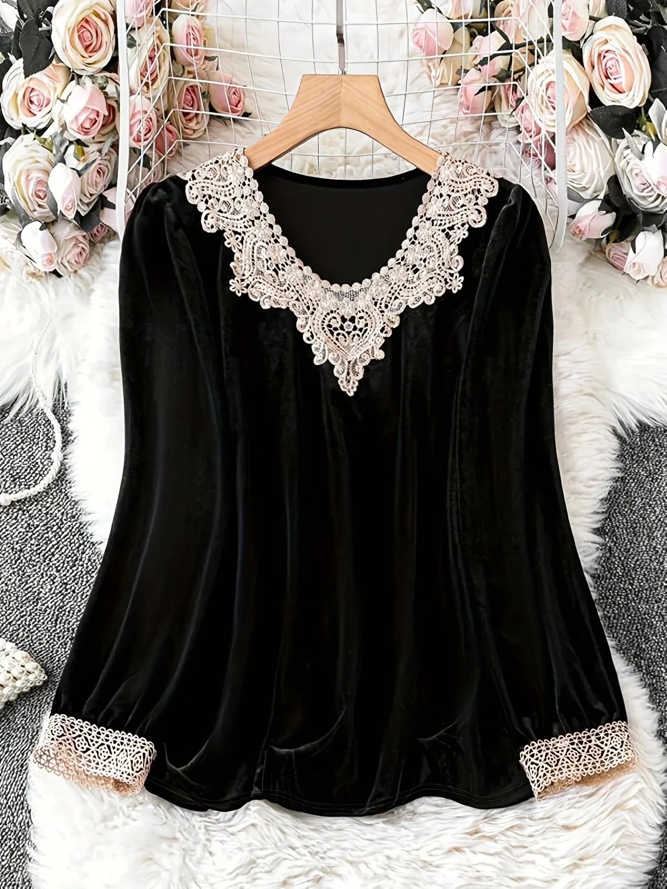 Women's Plus Size 1XL to 5XL Fashion Contrast Lace Shirt Casual Solid Color Long Sleeve Round Neck Blouse