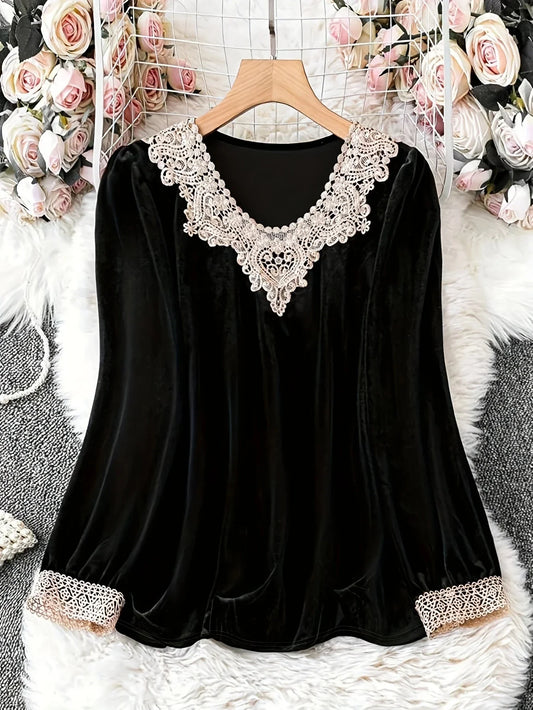 Women's Plus Size 1XL to 5XL Fashion Contrast Lace Shirt Casual Solid Color Long Sleeve Round Neck Blouse