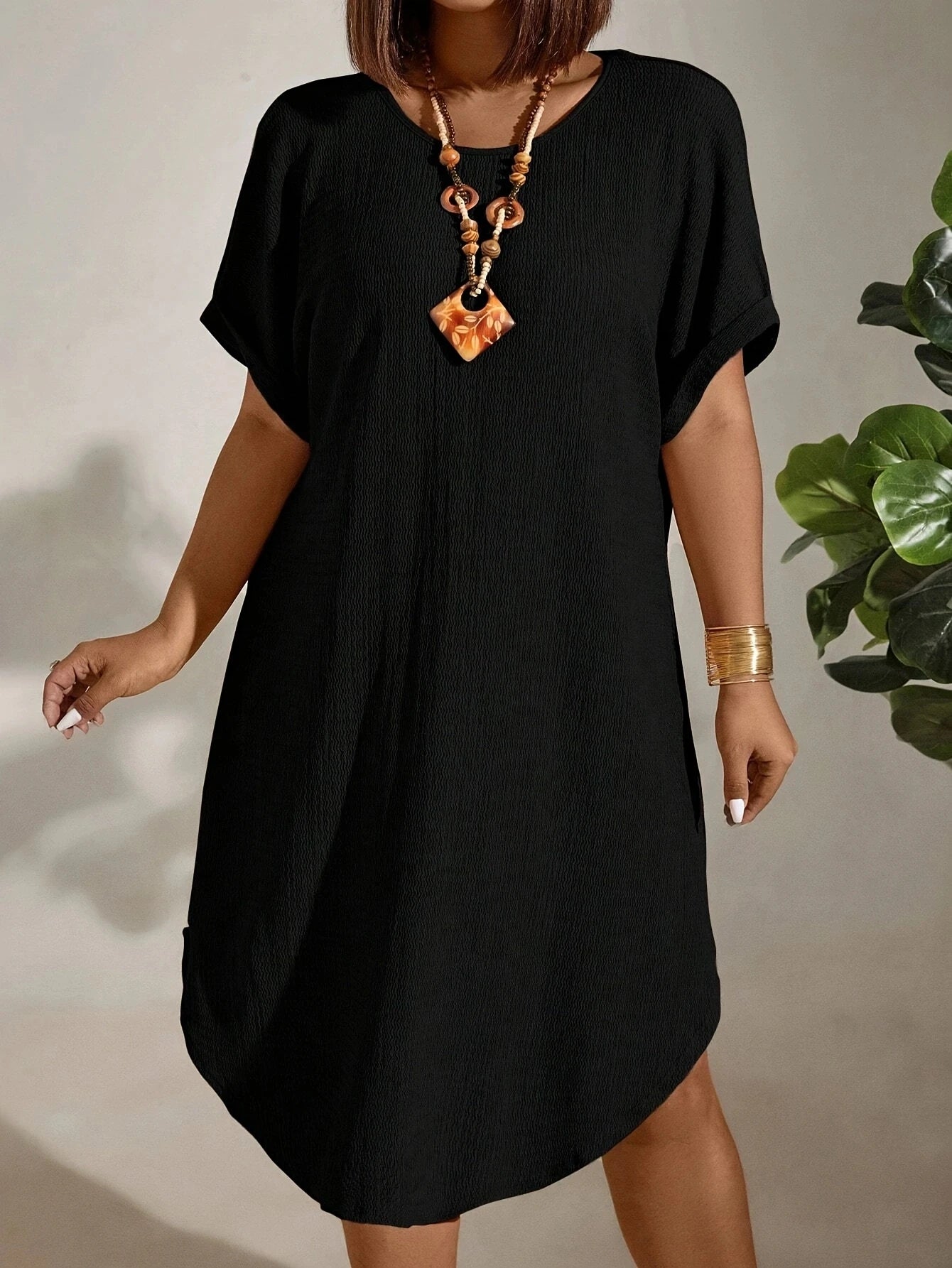Casual Short Sleeve Round Neck Pure Color Dress for Women Spring Summer Knee Length Fashion