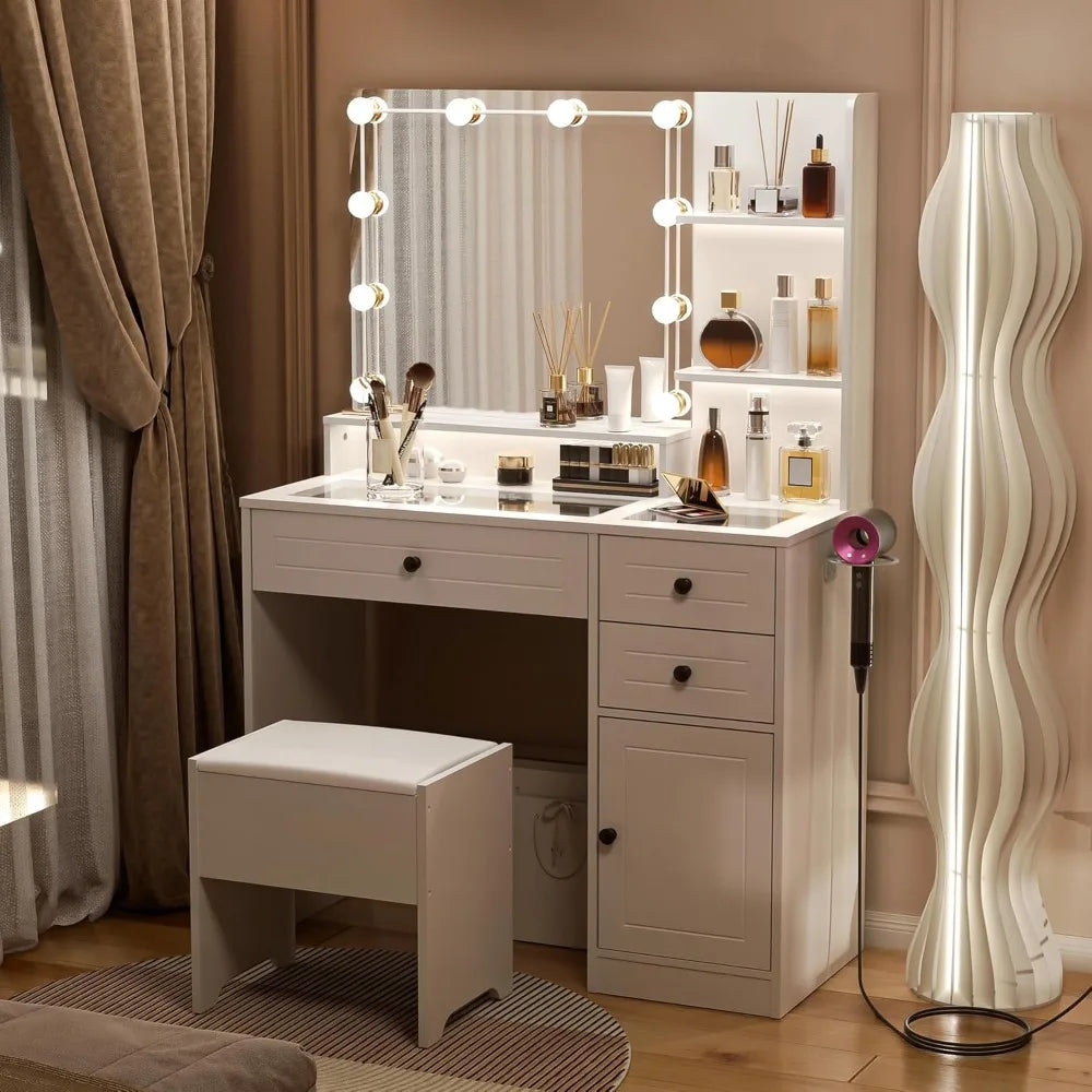 Makeup Vanity Desk with Mirror and Lights White Vanity Set with Drawers and Stool Modern Dressing Table with Glass Top