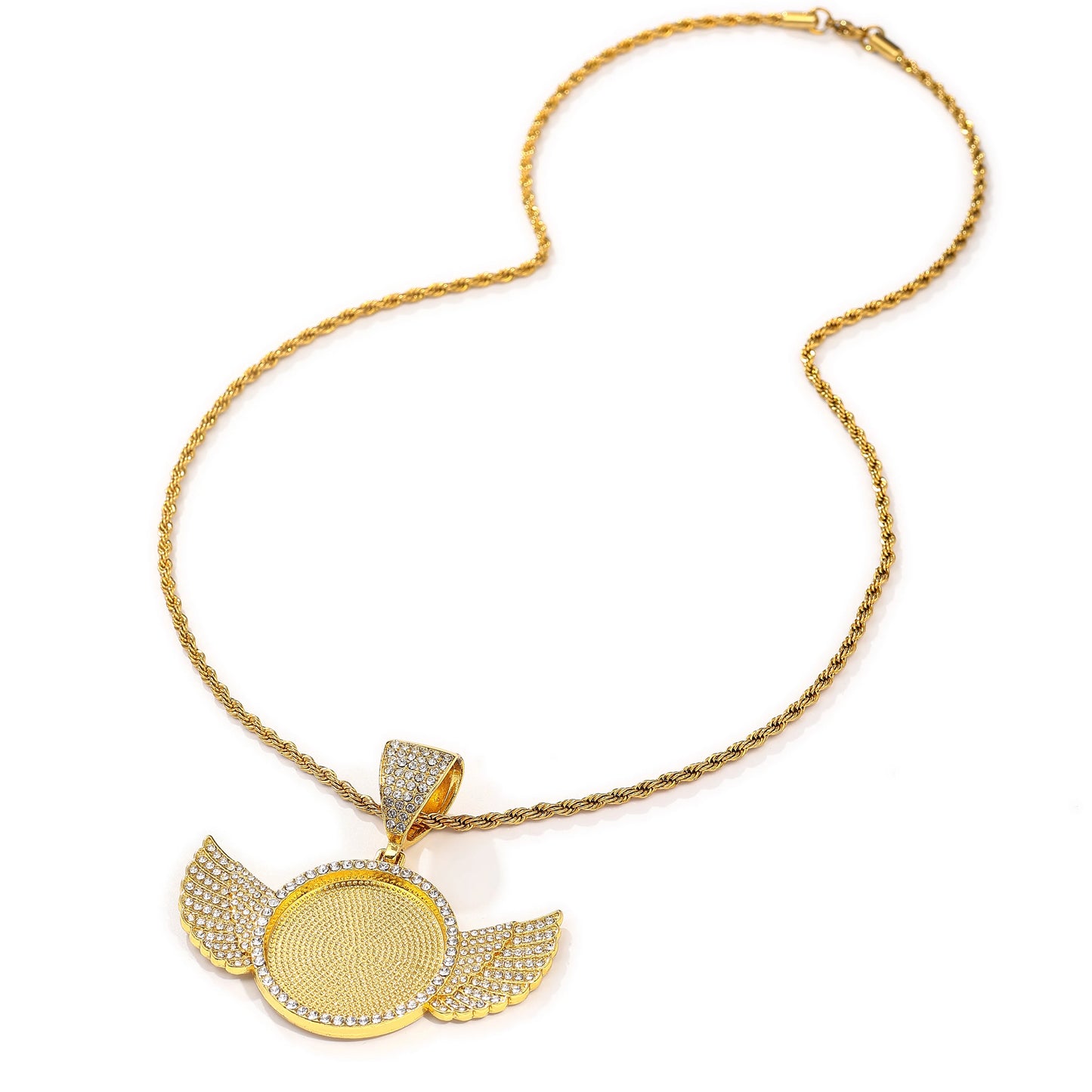 51/2000  Creative personalized round wing pendant with twisted chain, commemorative necklace for hip-hop DIY photo.