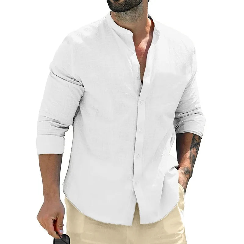 Autumn Men's Long Sleeve Cotton Business T Shirts Breathable Solid Color Streetwear Button Down Shirts White