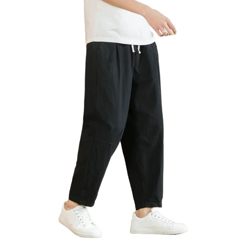 New Cotton Linen Men's Casual Solid Color Breathable Streetwear Loose Straight Drawstring Baggy Lightweight Sport Pants