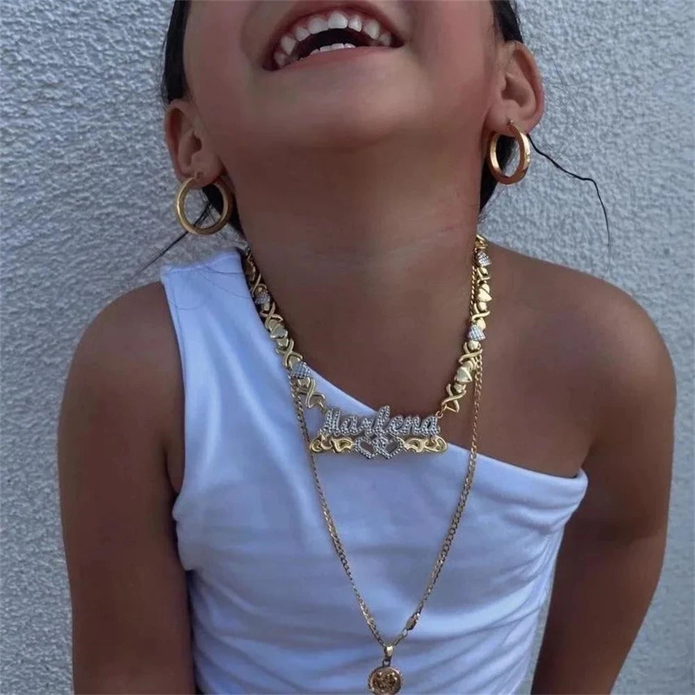 Personalized Custom Name Necklace Double Layer Two Tone Hollow Heart Necklace Gold Stainless Steel XOXO Heart Chain For Girls