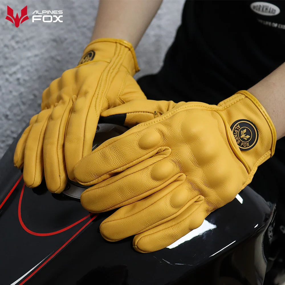 Vintage Goatskin Motorcycle Gloves Men Summer Yellow Retro Leather Guantes M-XXL