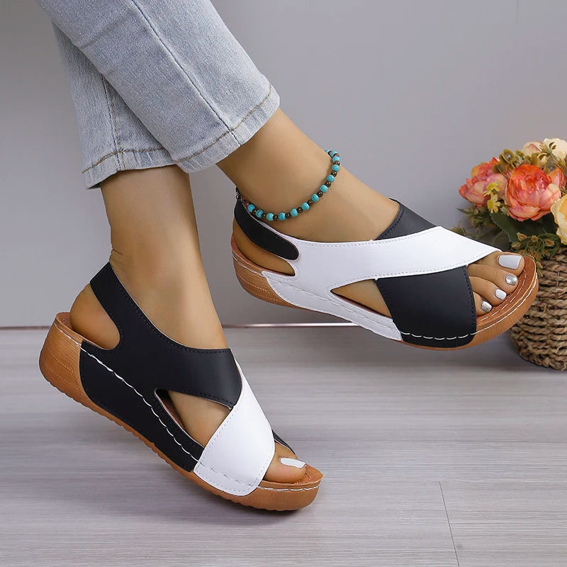 New Women's Contrast Color Wedge Sandals Summer Peep Toe Non Slip Beach Shoes Comfortable Platform Roman Sandals