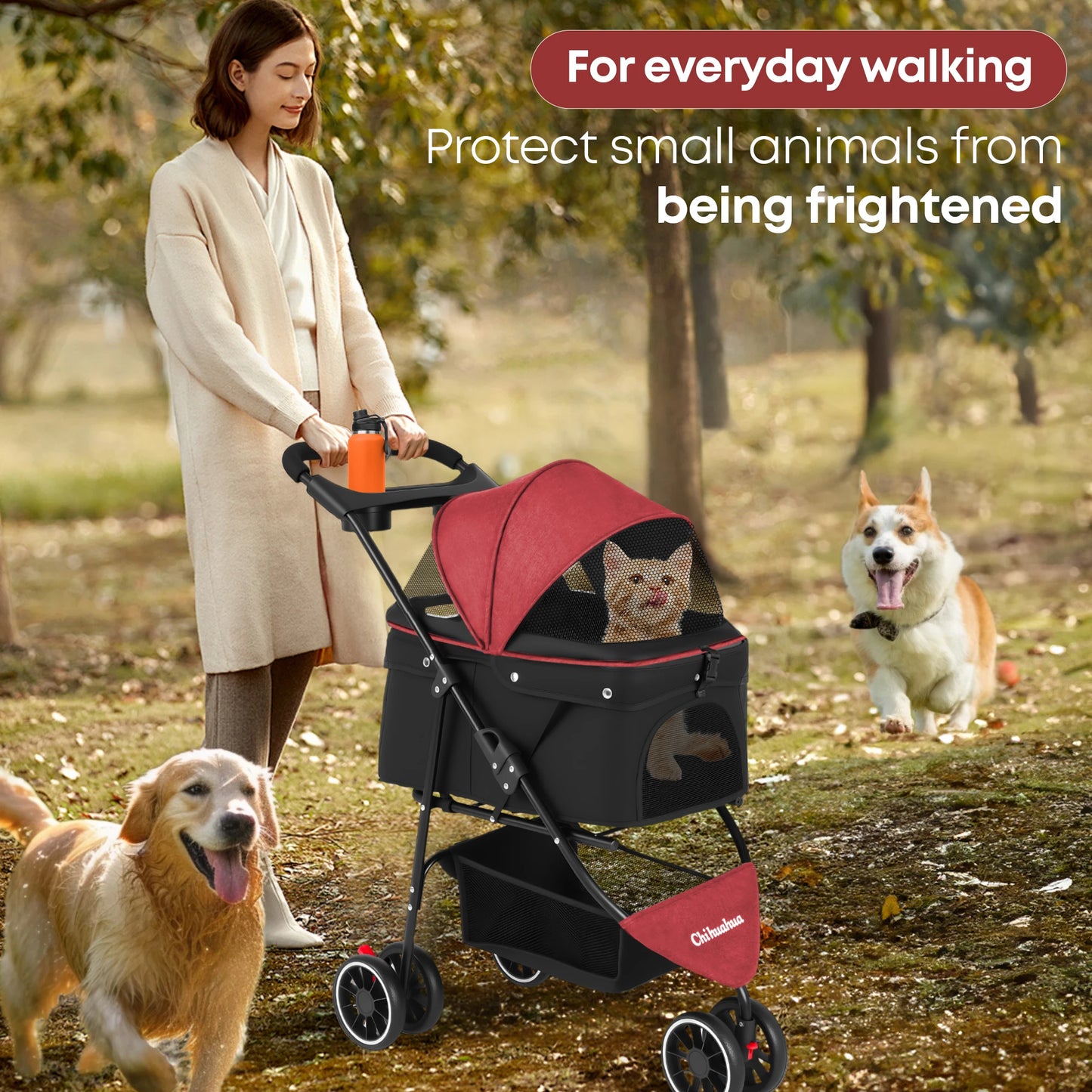 Pet Stroller For Small Medium Cats&Dogs 3 Wheels Foldable with Breathable Mesh Canopy Pet Travel Carrier Suitable Outdoor Travel