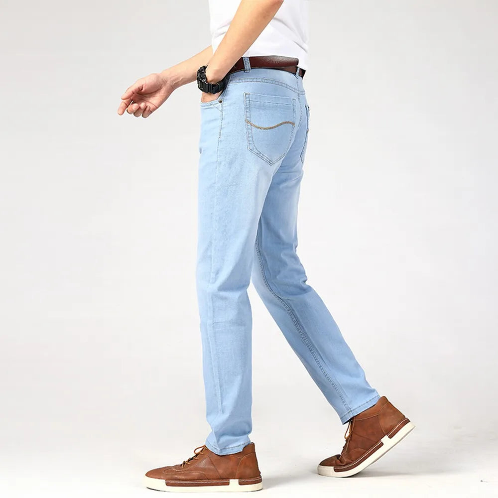 Wthinlee Spring Summer Business Jeans for Men Light Blue Casual Straight Stretch Fashion Classic Work Denim Trousers