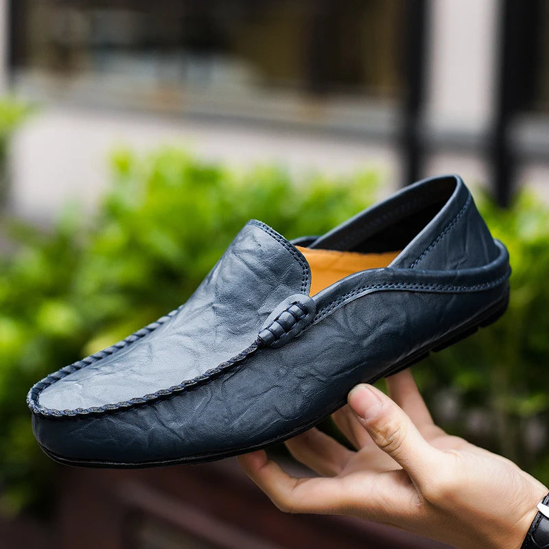 Summer Men Casual Shoes Leather Moccasins Breathable Slip On Boat Shoes Italian Luxury Brand Mens Driving Loafers Size 37 to 47