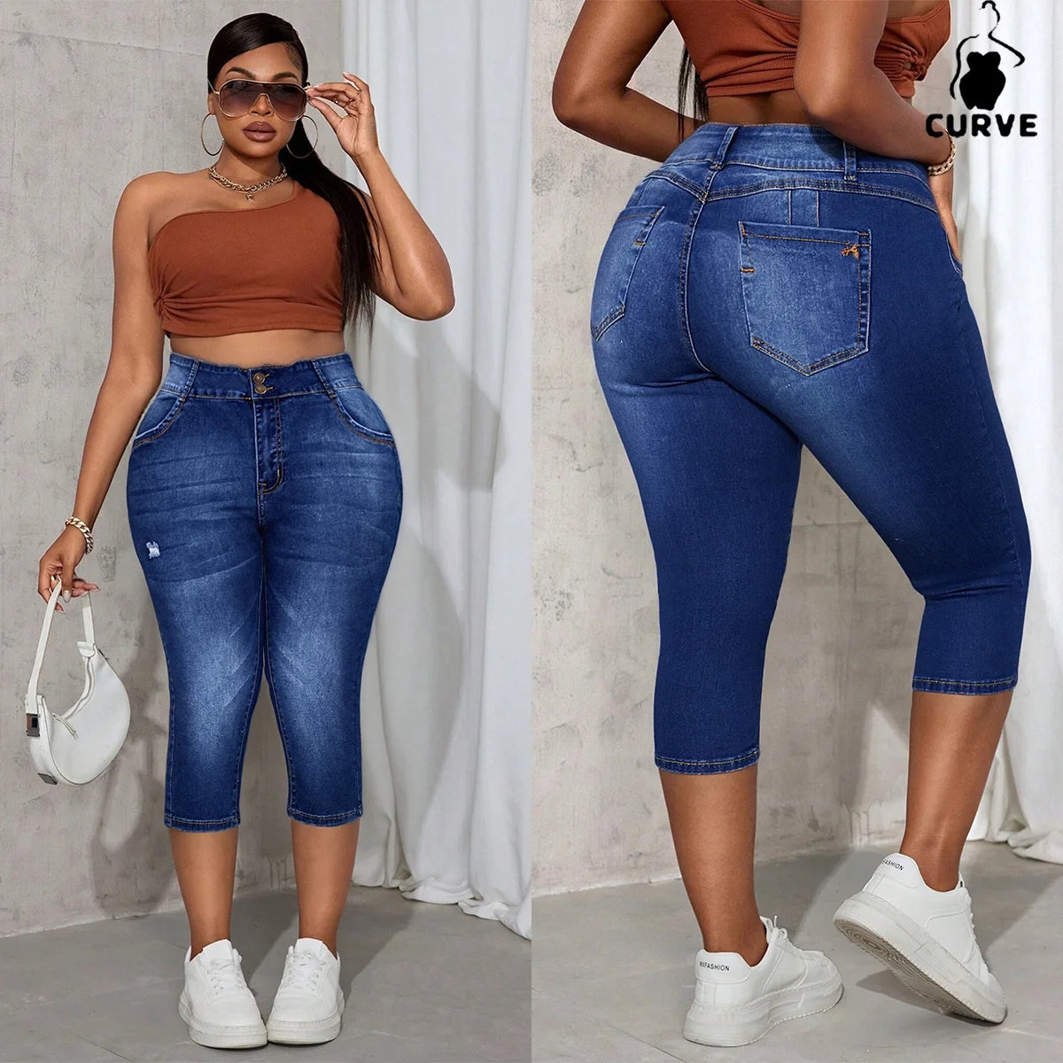 Plus-Size Women's High-Waisted Skinny Stretch Denim Capris Women's Classic Washed Versatile Straight-Leg Cropped Denim Jeans