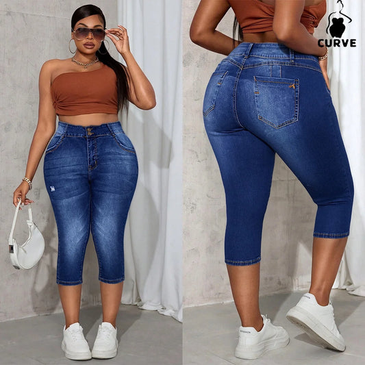 Plus-Size Women's High-Waisted Skinny Stretch Denim Capris Women's Classic Washed Versatile Straight-Leg Cropped Denim Jeans