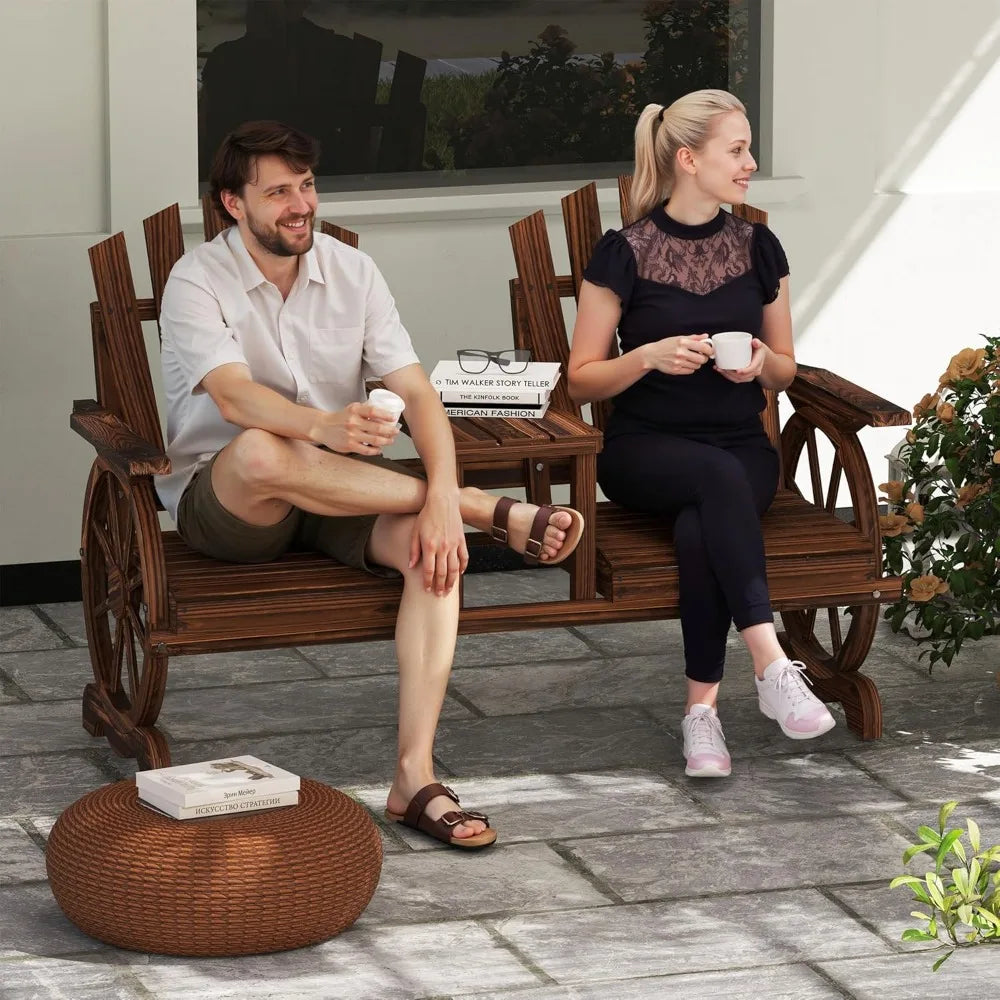 Wooden Garden Bench with Table and Umbrella Hole 2-Seat Wagon Wheel Outdoor Bench with Slatted Seat High Backrest and Armrests