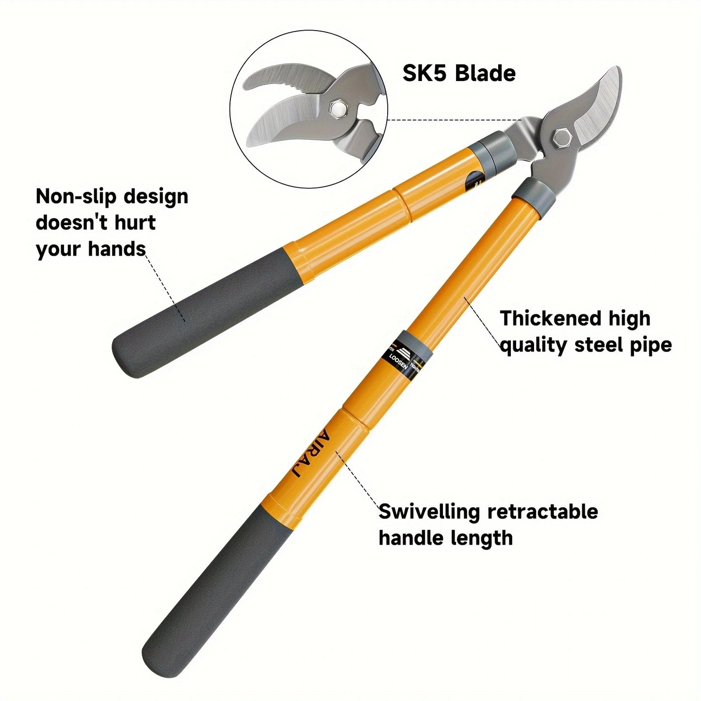 AIRAJ Bypass Lopper , Hedge Shears, Pruning Shears with Telescopic Handles,Extendable Heavy-Duty Branch Cutters， Garden Clippers
