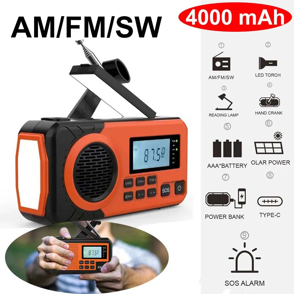 4000mAh Portable Emergency Solar Power Radio Hand Crank Charging AM FM Weather Radio LED Reading Flashlight Phone Charger