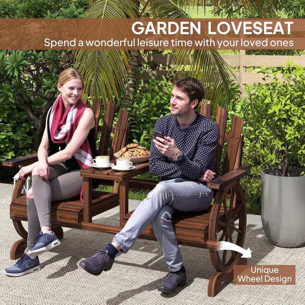 Wooden Garden Bench with Table and Umbrella Hole 2-Seat Wagon Wheel Outdoor Bench with Slatted Seat High Backrest and Armrests