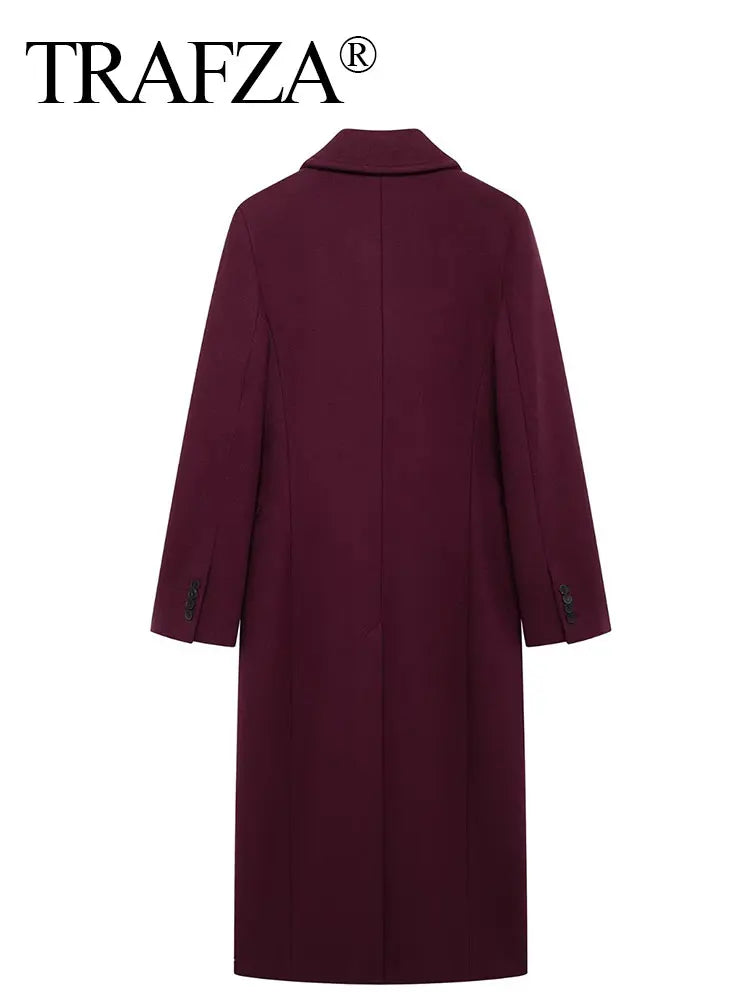 TRAFZA Woolen Coat For Women Double Breasted Outerwear
