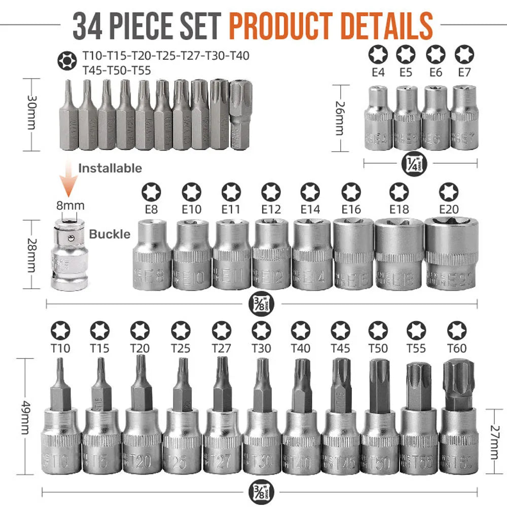 34PCS Torx Bit Socket and E-Torx Star Socket Set 1/2 Inch 1/4 Inch 3/8 Inch Drive Male Female E Security Bits Hand Wrenches Repair Tool