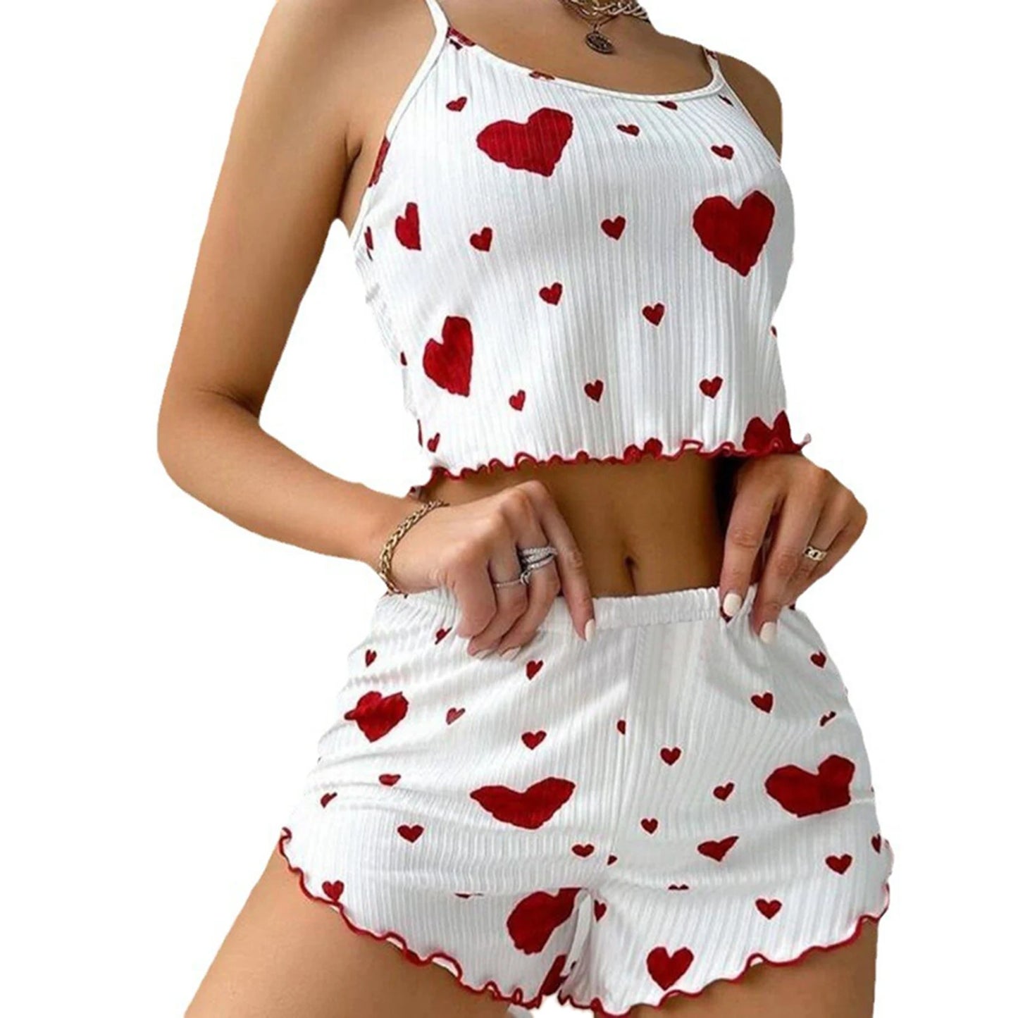 Women's 2 Piece Pajama Set Casual Sleepwear Short Tank Tops and Shorts White Soft Ventilate Love Print S M L