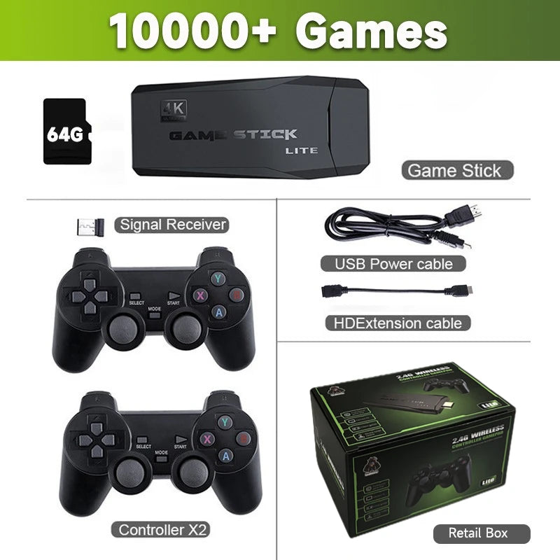 Video Game Stick Lite 4K HD Console 64GB Double Wireless Controller for 10000 Retro Games Kids Christmas Gift