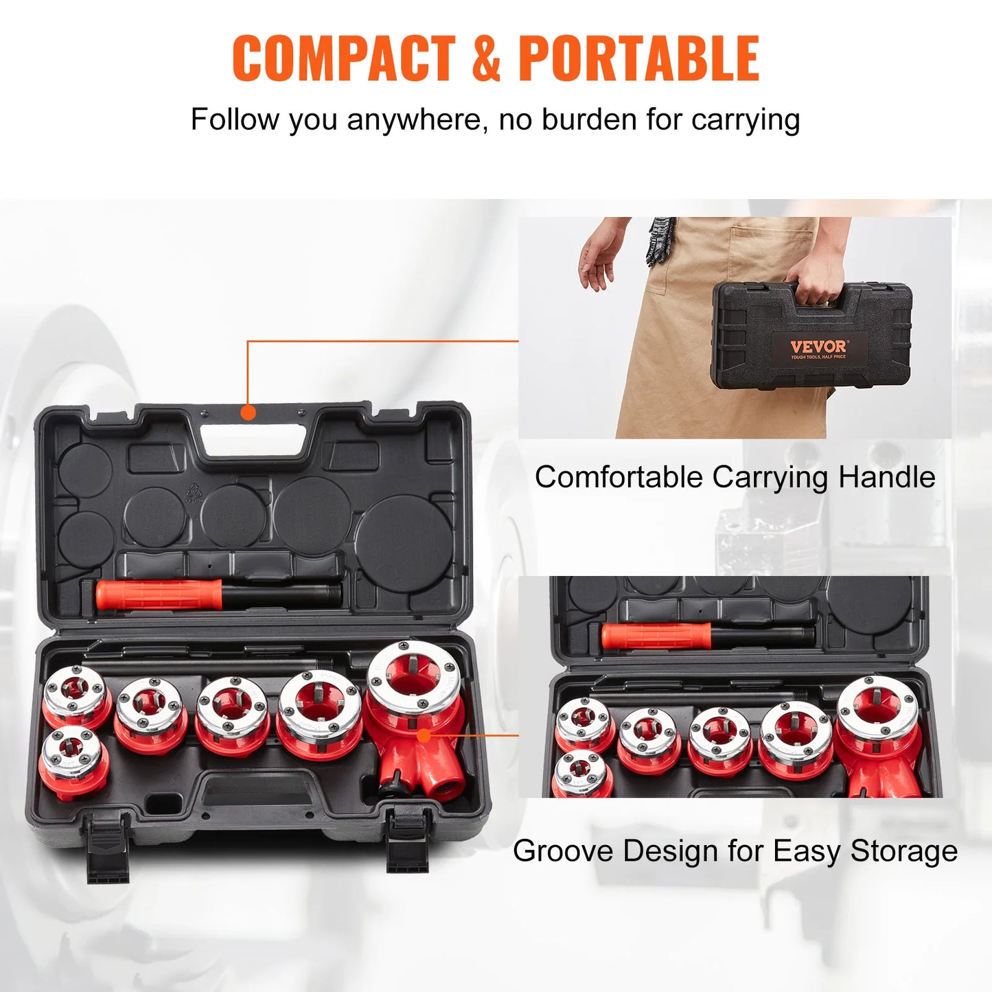 VEVOR Manual Pipe Threader Ratchet Tool Portable Pipe Threading Set with 6 Pieces NPT Dies for Galvanized Aluminum Iron Copper Pipes