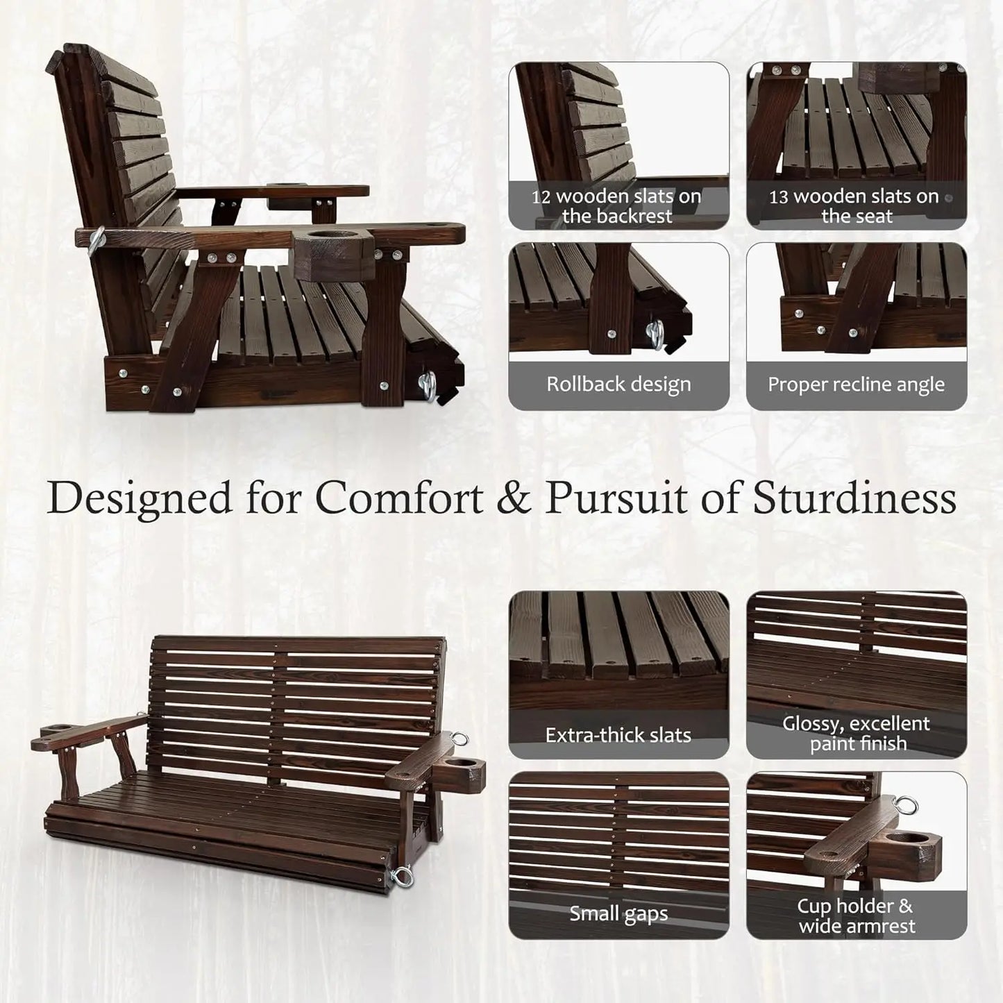 Wooden Porch Swing 2-Seater, High Backrest and Deep Seat, Bench Swing with Cupholders, Hanging Chains and 7mm, Customized