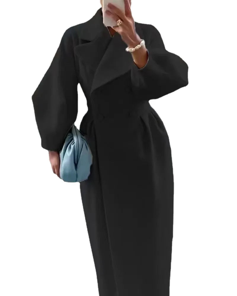 BWQ Autumn and Winter New Retro Palace Style Lantern Sleeves Large Lapel Woolen Coat Long Coat пальто женское