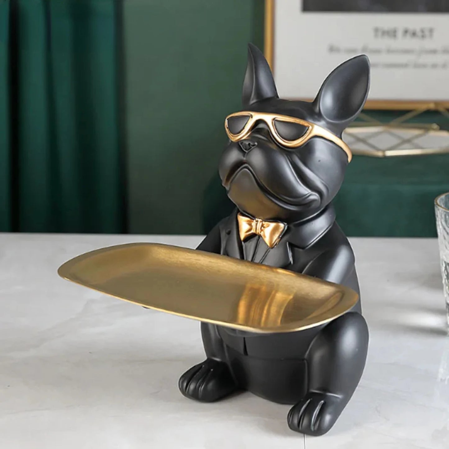 Nordic French Bulldog Sculpture Dog Figurine Statue Key Jewelry Storage Table Decoration Gift With Plate Glasses