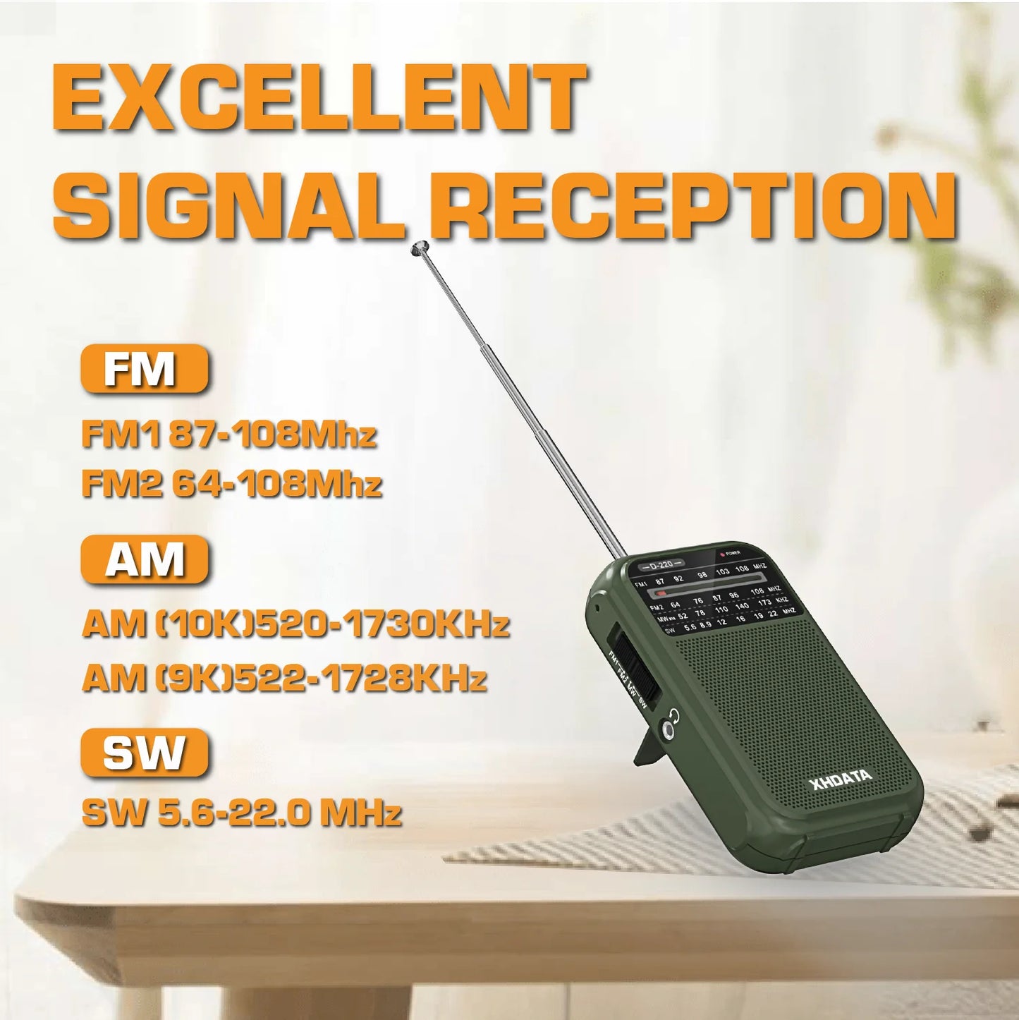 XHDATA D220 Vintage Retro Portable Pocket Radio FM 1-2 MW 9K 10K SW 4 Bands High Sensitivity DSP Digital Radio