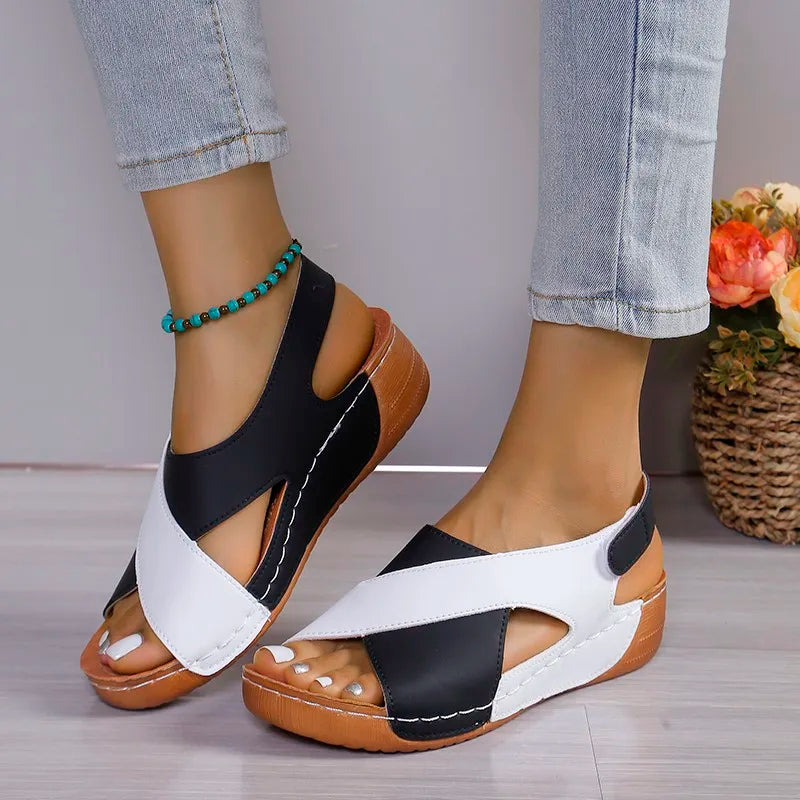 New Women's Contrast Color Wedge Sandals Summer Peep Toe Non Slip Beach Shoes Comfortable Platform Roman Sandals