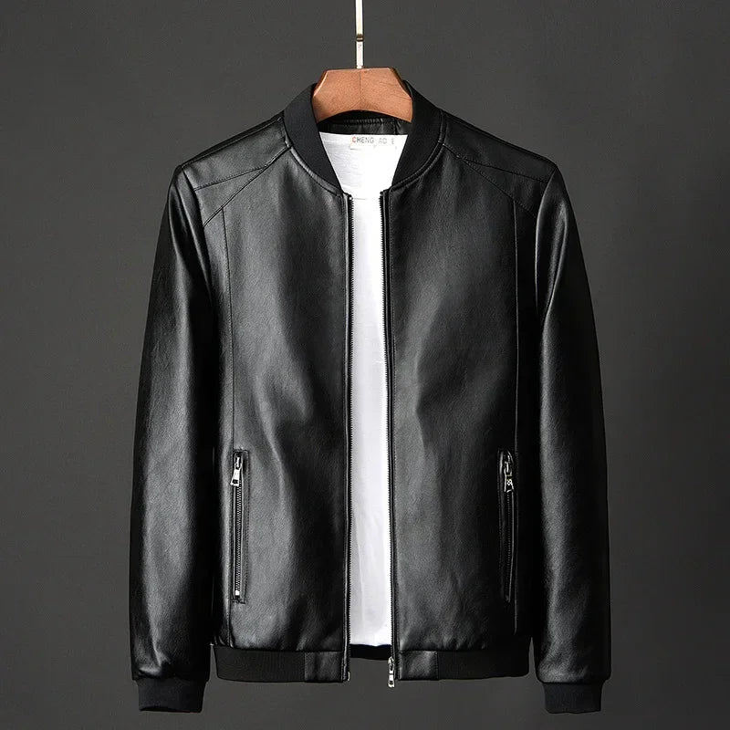 2024 Autumn New Men Black Biker PU Leather Coat Korean Fashion Casual Fit Slim Jacket 8XL