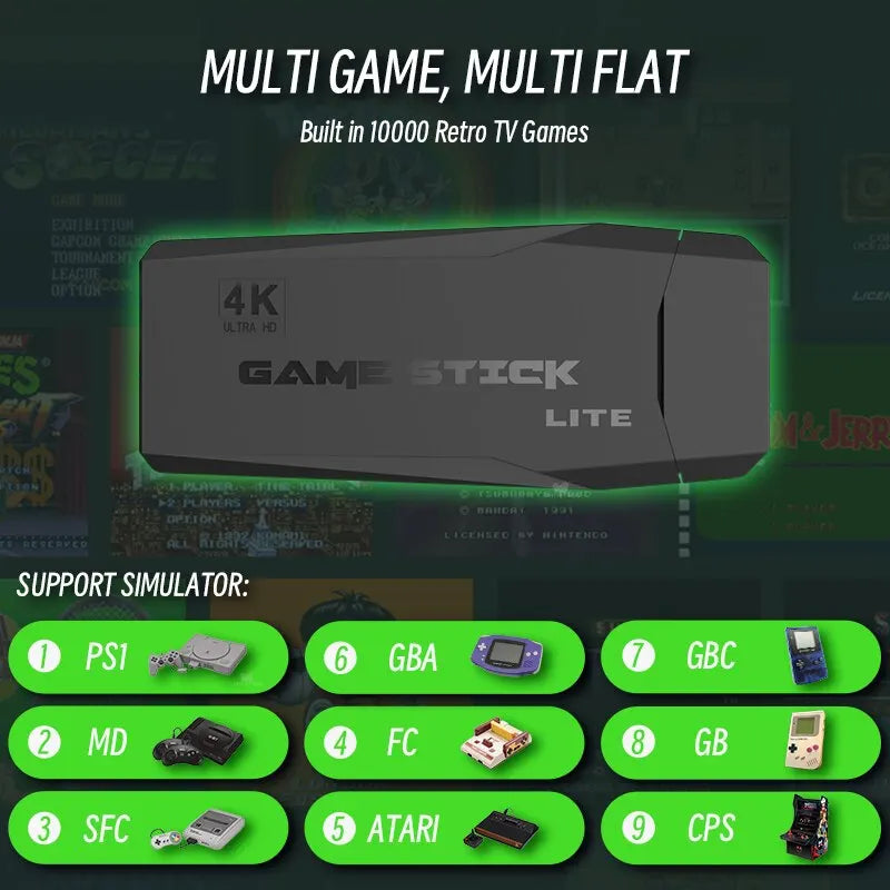 Video Game Stick Lite 4K HD Console 64GB Double Wireless Controller for 10000 Retro Games Kids Christmas Gift
