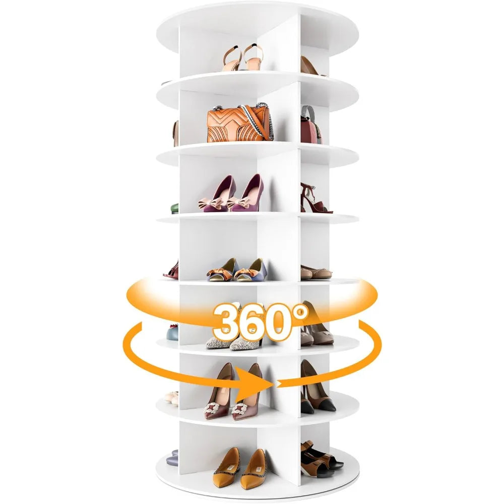 Rotating Shoe Rack Tower 7 Tier Organizer Vertical Spinning Shoe Display Lazy Susan 360 Degree Revolving White Shoe Rack Storage