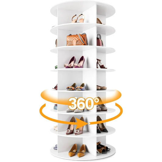 Rotating Shoe Rack Tower 7 Tier Organizer Vertical Spinning Shoe Display Lazy Susan 360 Degree Revolving White Shoe Rack Storage