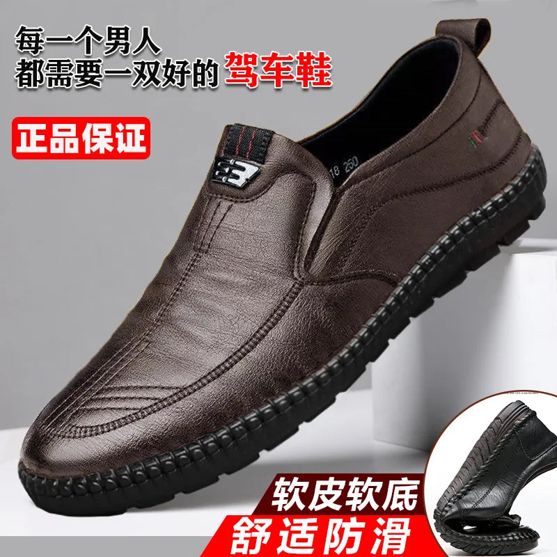Mens Leather Loafers Non Slip Walking Flats Breathable Outdoor Slip On Casual Shoes for Work Office and Driving