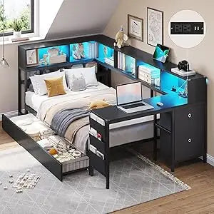 Color Corner Bed Frame With Desk Charging Station Lights