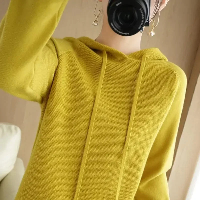 Hooded Sweater Woman Autumn Winter Long Sleeve Warm Bottoming Shirt Solid Casual Pullovers Knit Tops Korean Fashion Jumper 2025