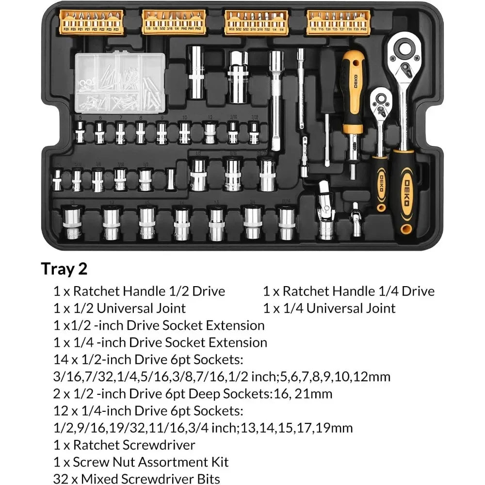 258 Piece Tool Kit with Rolling Tool Box Socket Wrench Hand Mechanic Case Trolley Portable Multi-dimensional Precision Tools