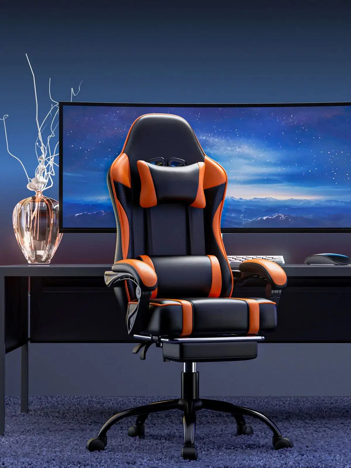 Gaming Chair with Footrest PU Leather Video Game Chair for Adults Reclining Office Desk Chair