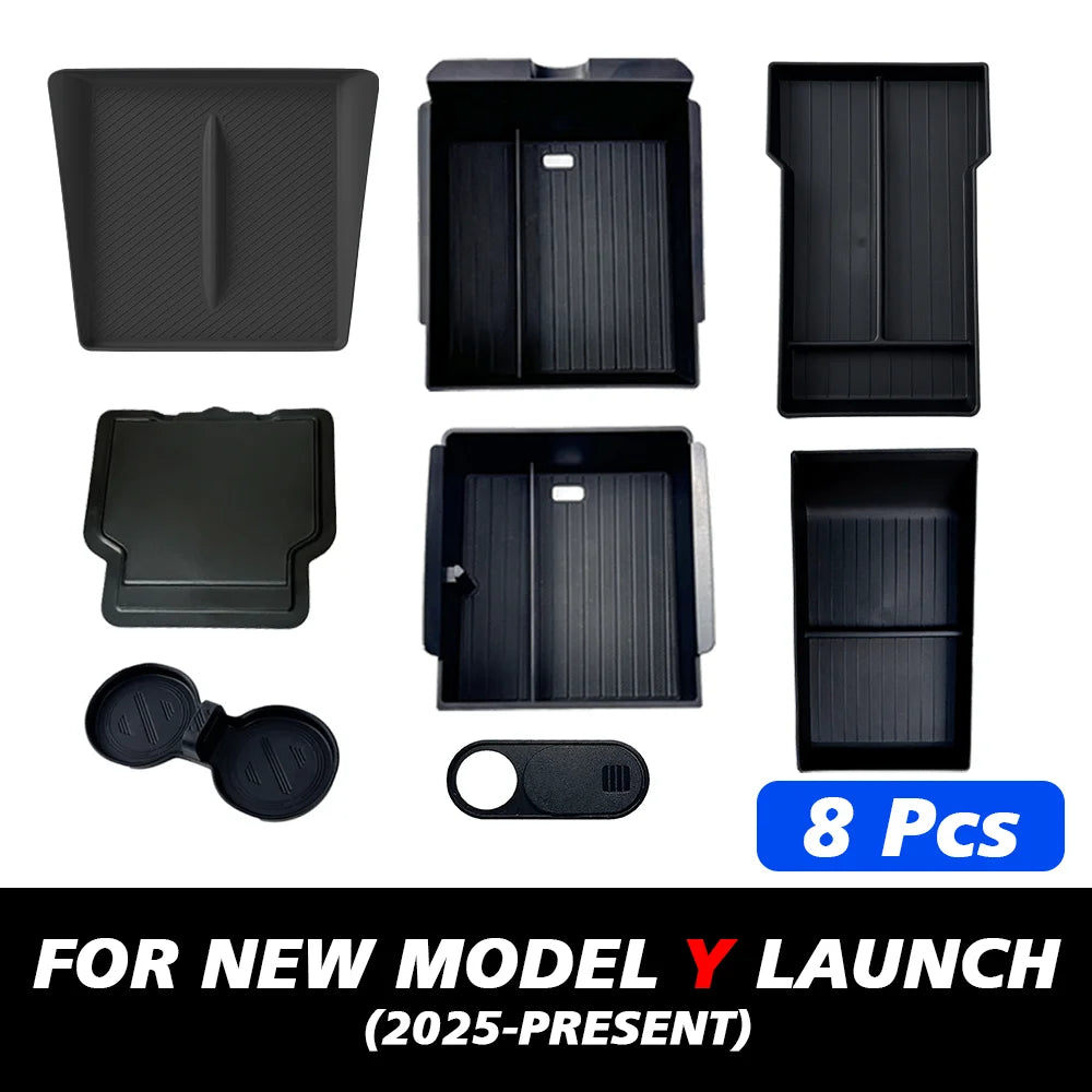 Console And Armrest Storage Box For Tesla New Model Y 2025 Juniper ABS With Silicone Non Slip Mat And Water Cup Holder