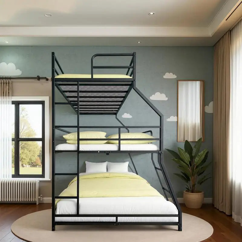 Triple Bunk Bed with Long & Short Ladder, Full-Length Guardrails, Easy Assembly, for Kids, Black Finish