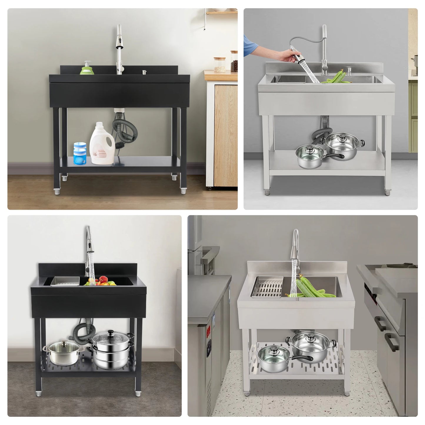 Freestanding 75*42cm/55*36cm Stainless Steel Utility Sink, Laundry&Utility Room Sinks, Rectangular Single Bowl Black/Silver