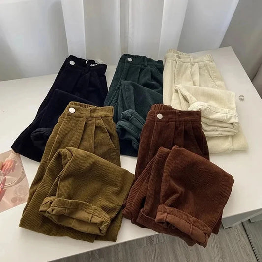 Women Korean Fashion Spring Fall Retro Straight High Waist Corduroy Pants Casual Full Length Trousers Office Lady Style