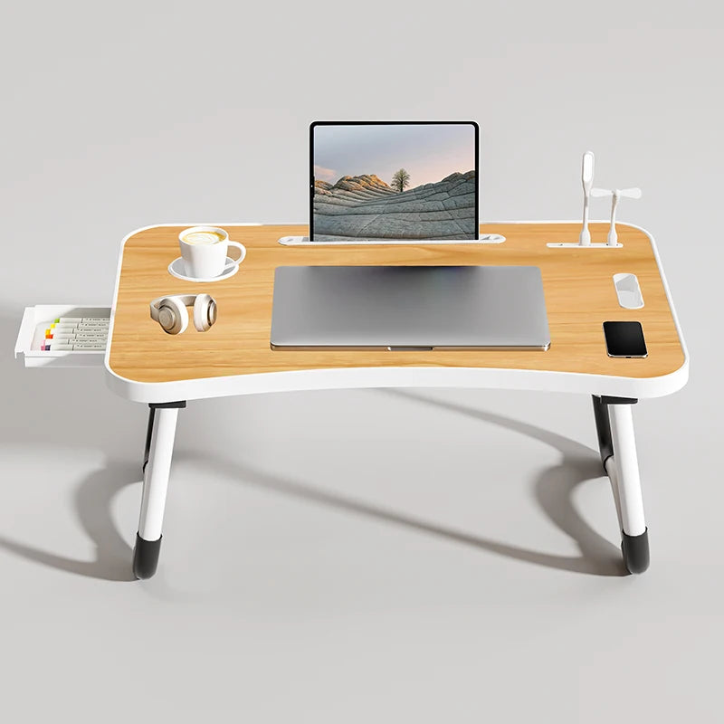 Portable Laptop Desk with USB Light Small Fan Cup Holder Tablet Slot and Lifting Handle Foldable Laptop Table for Working