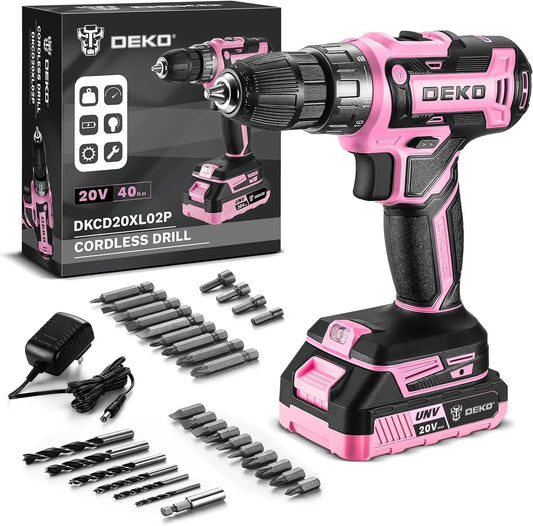 DEKO Pink Cordless Power Drill Set 20V Electric Tool for Women