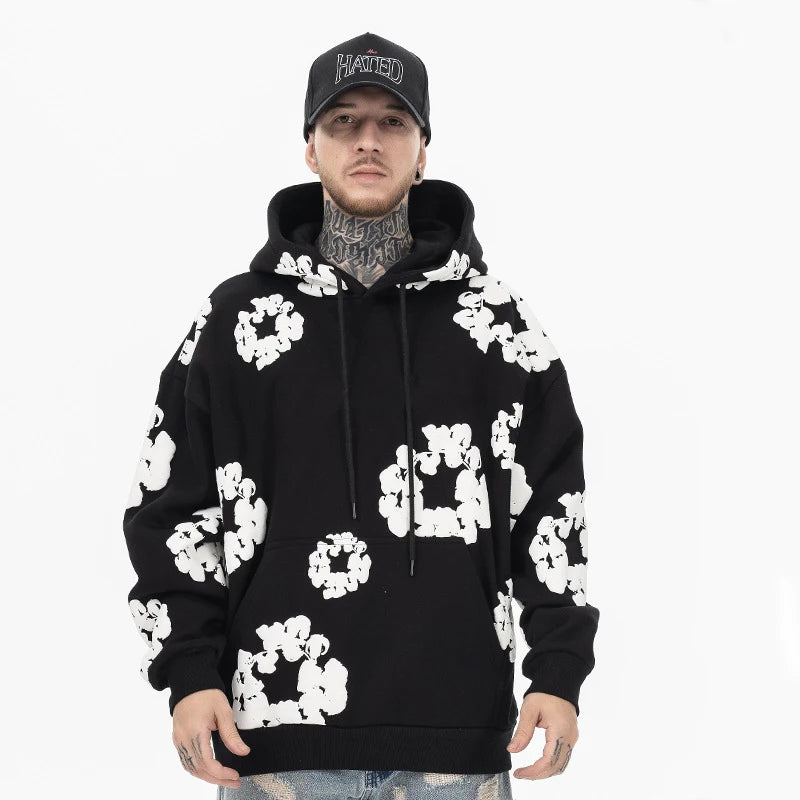 2024 Autumn Men's Black And Gray Casual Hooded Sweatshirt with Foam Printed Letter Embroidery