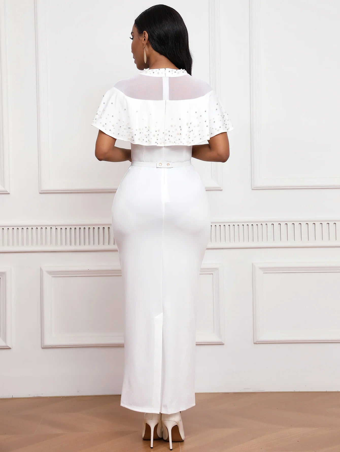 2025 Fashion Elastic Banquet Elegant Dress with Beaded Tulle Shawl Sleeves, Belted, Slim-Fitting, and Pencil Long Skirt